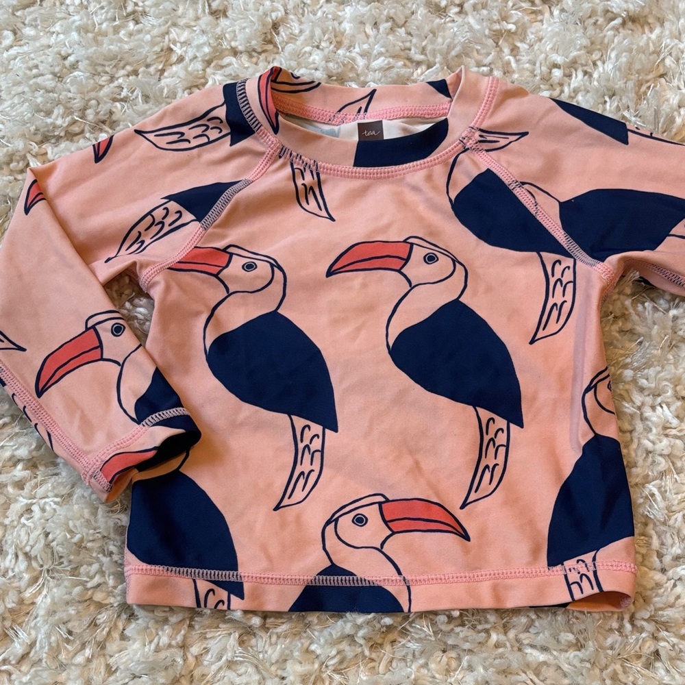 TEA COLLECTION 12-18M Pink Rash Guard Swim Top Toucan Print Long Sleeve
